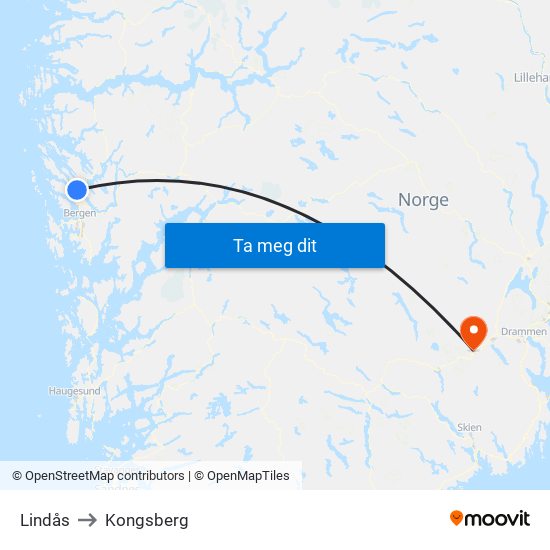 Lindås to Kongsberg map
