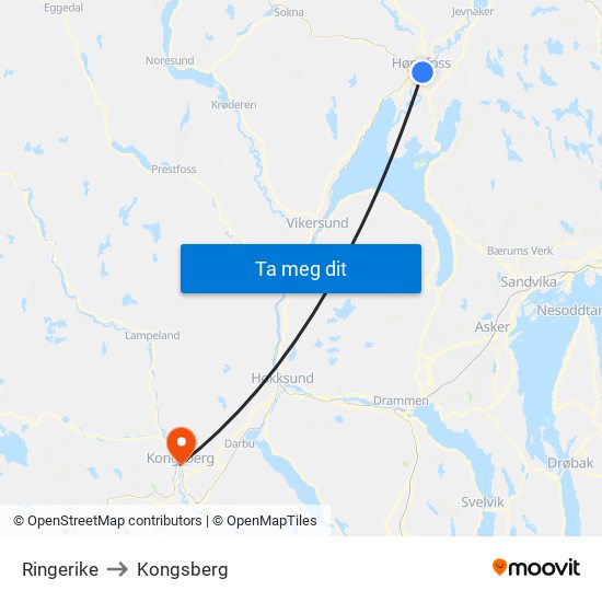 Ringerike to Kongsberg map