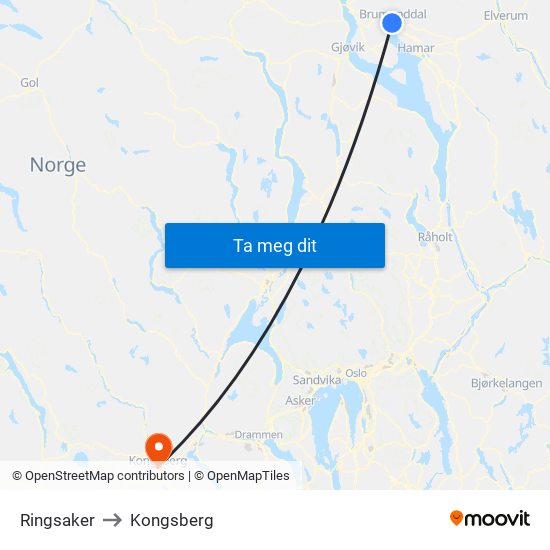 Ringsaker to Kongsberg map