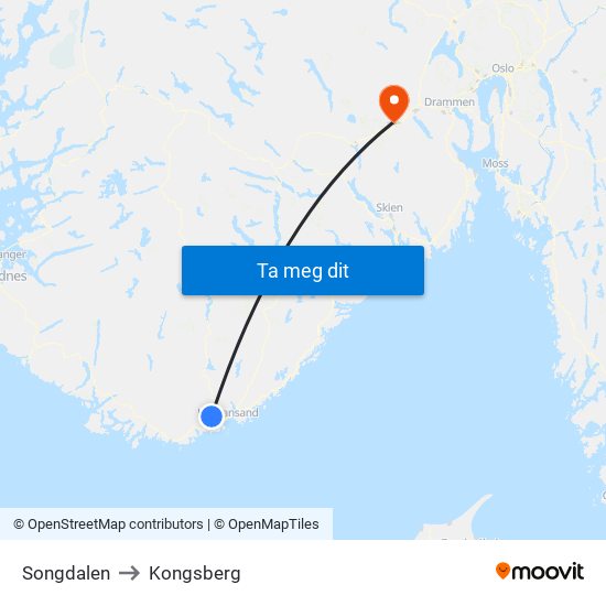 Songdalen to Kongsberg map