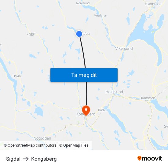 Sigdal to Kongsberg map