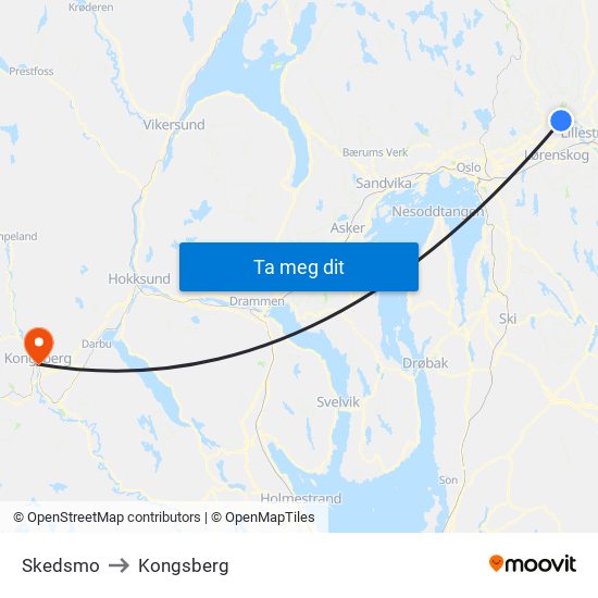 Skedsmo to Kongsberg map