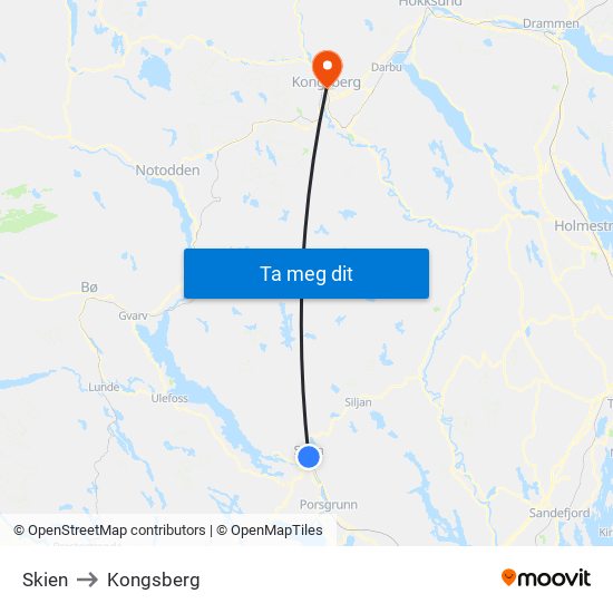 Skien to Kongsberg map