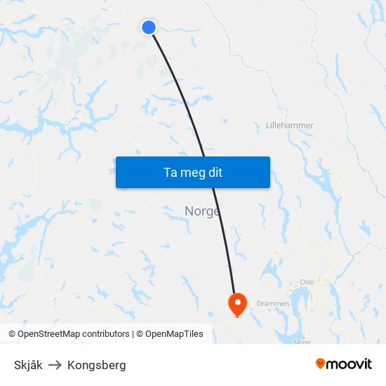 Skjåk to Kongsberg map