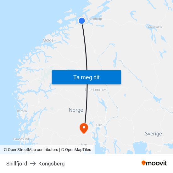 Snillfjord to Kongsberg map