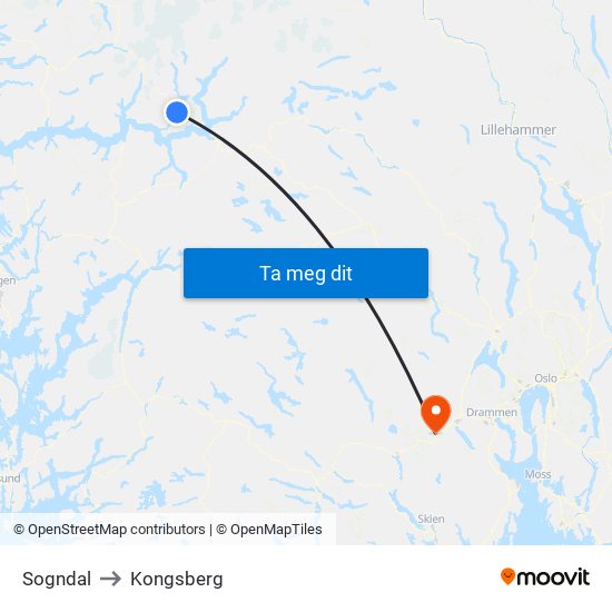 Sogndal to Kongsberg map