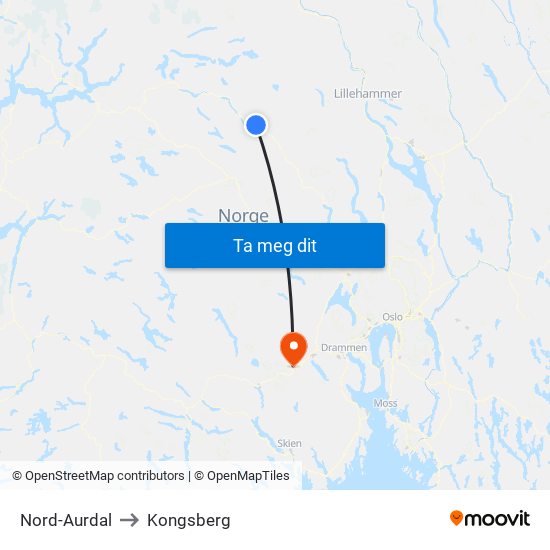 Nord-Aurdal to Kongsberg map