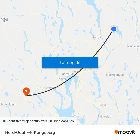 Nord-Odal to Kongsberg map