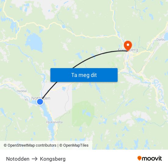 Notodden to Kongsberg map