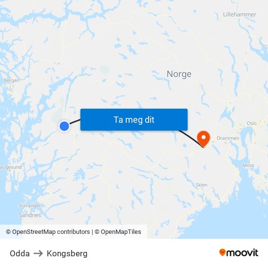 Odda to Kongsberg map