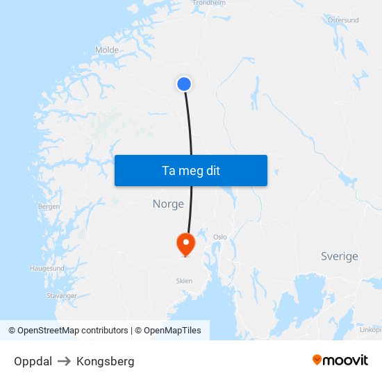 Oppdal to Kongsberg map