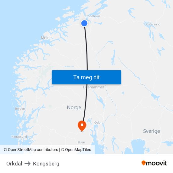 Orkdal to Kongsberg map