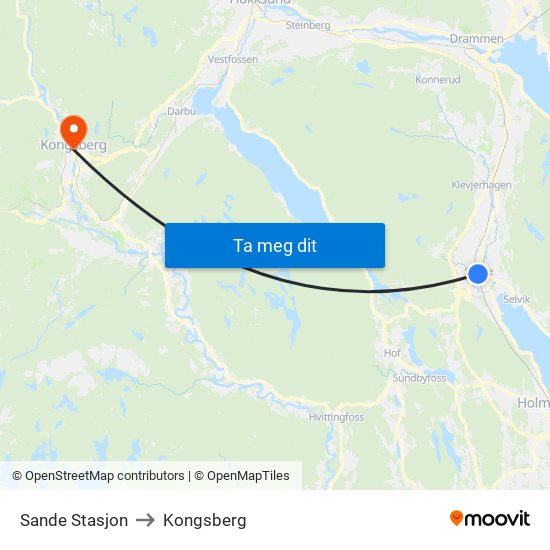 Sande Stasjon to Kongsberg map