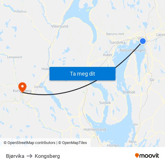 Bjørvika to Kongsberg map