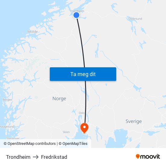 Trondheim to Fredrikstad map