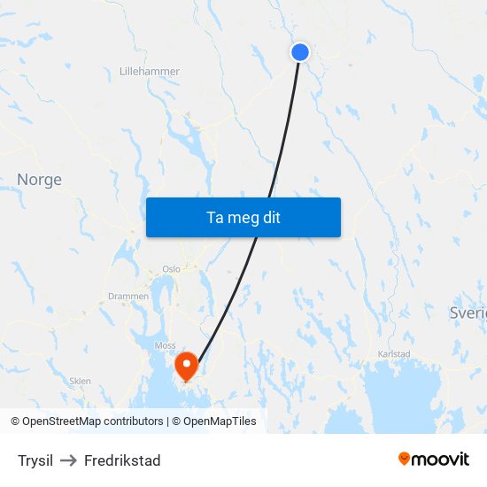 Trysil to Fredrikstad map