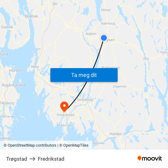 Trøgstad to Fredrikstad map