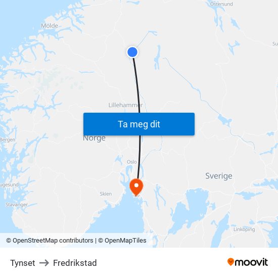 Tynset to Fredrikstad map