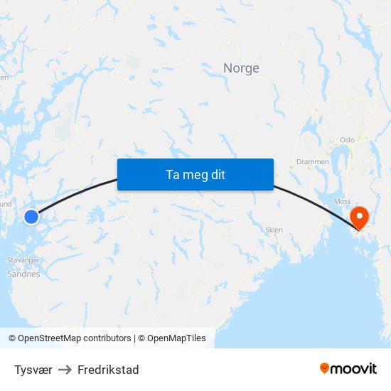 Tysvær to Fredrikstad map
