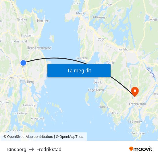 Tønsberg to Fredrikstad map