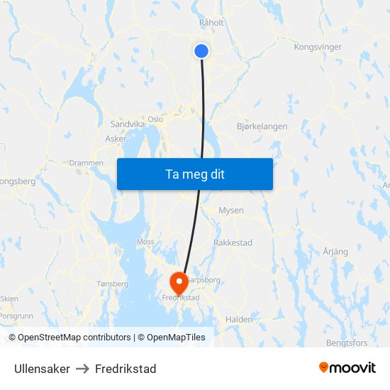 Ullensaker to Fredrikstad map