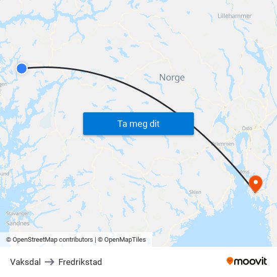 Vaksdal to Fredrikstad map