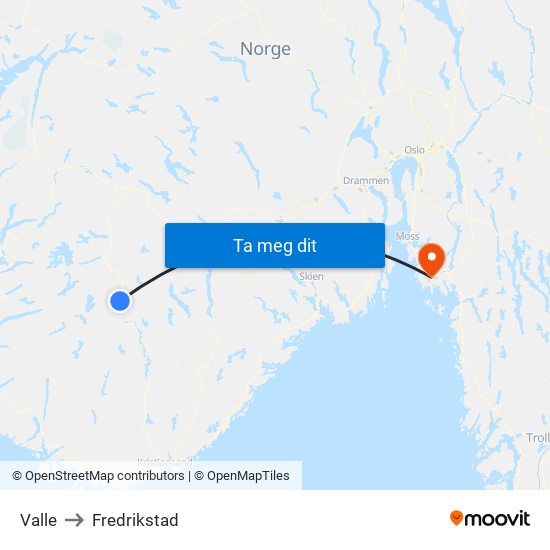 Valle to Fredrikstad map