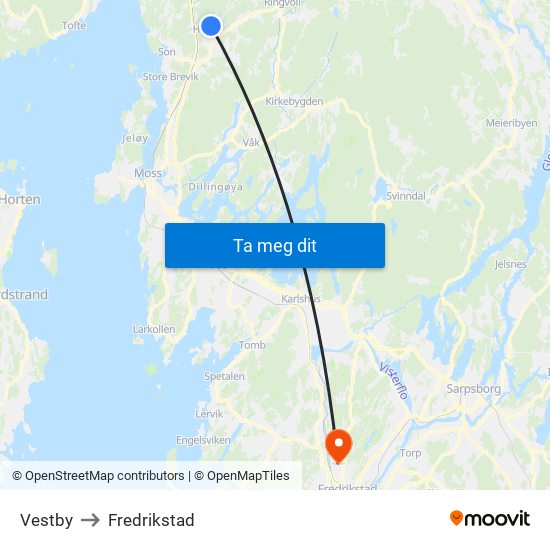 Vestby to Fredrikstad map
