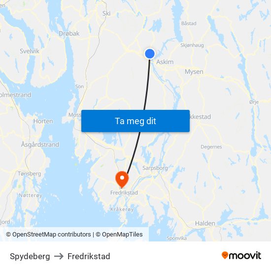 Spydeberg to Fredrikstad map