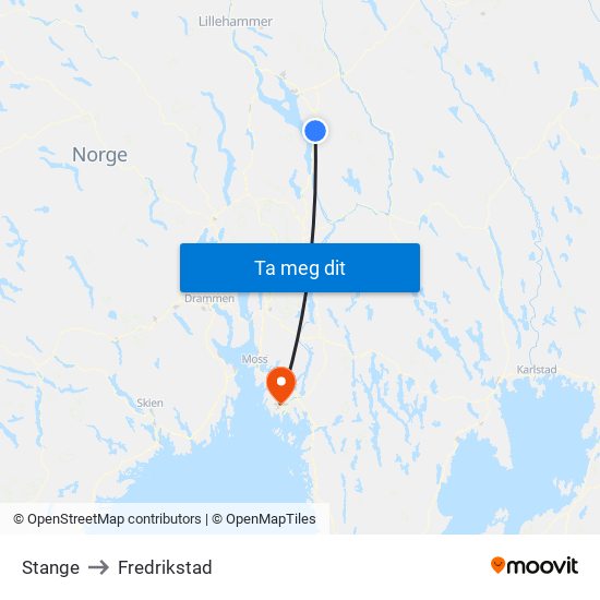 Stange to Fredrikstad map