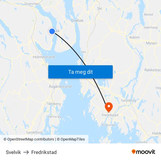 Svelvik to Fredrikstad map