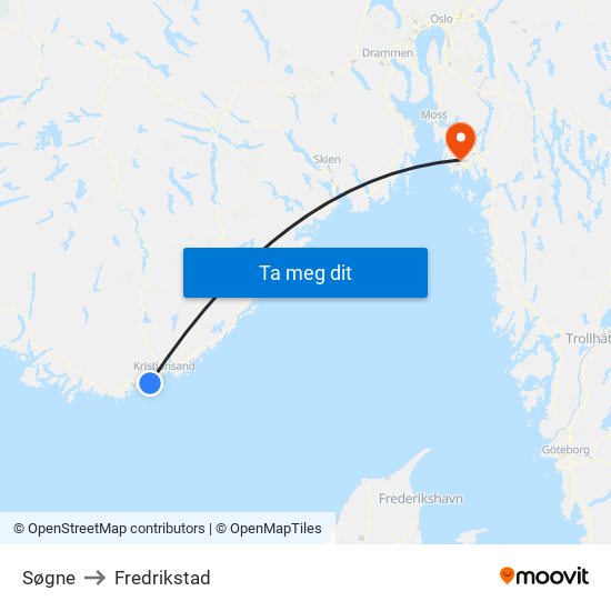 Søgne to Fredrikstad map