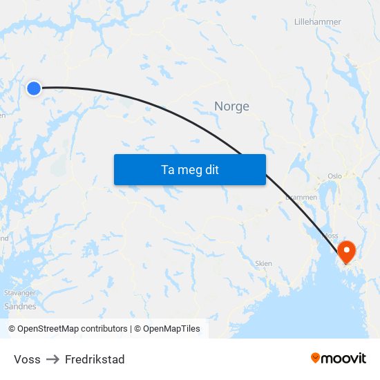 Voss to Fredrikstad map