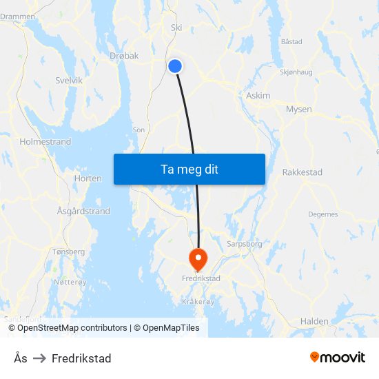 Ås to Fredrikstad map