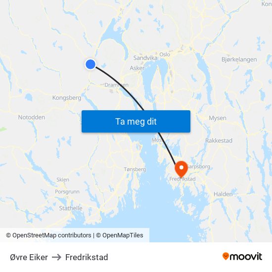 Øvre Eiker to Fredrikstad map