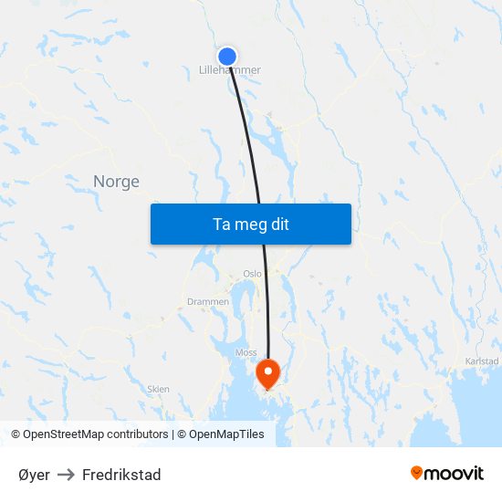 Øyer to Fredrikstad map