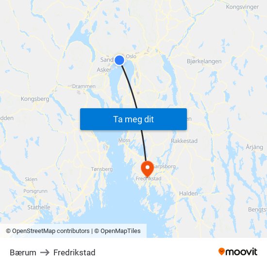 Bærum to Fredrikstad map