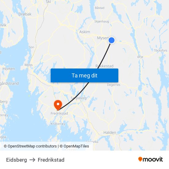 Eidsberg to Fredrikstad map