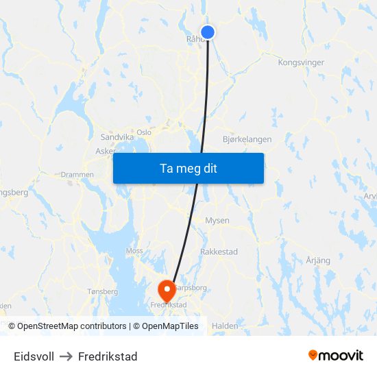 Eidsvoll to Fredrikstad map