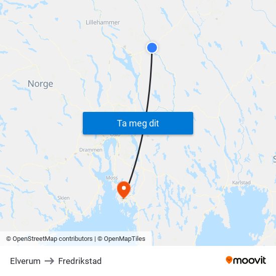 Elverum to Fredrikstad map