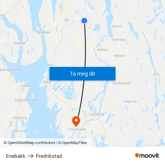 Enebakk to Fredrikstad map