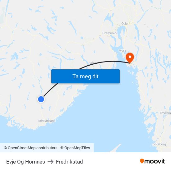 Evje Og Hornnes to Fredrikstad map