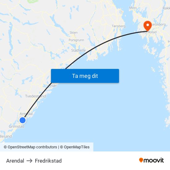 Arendal to Fredrikstad map