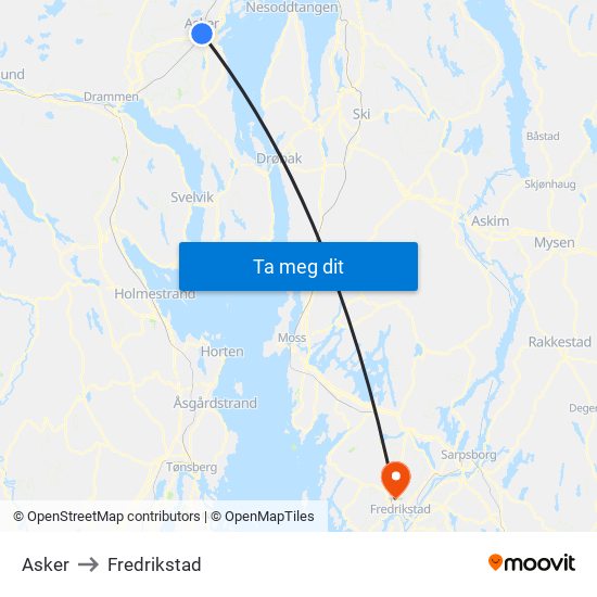 Asker to Fredrikstad map