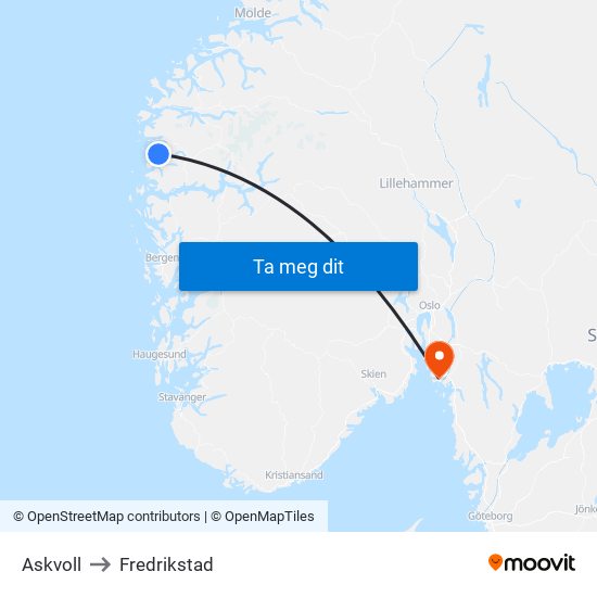Askvoll to Fredrikstad map