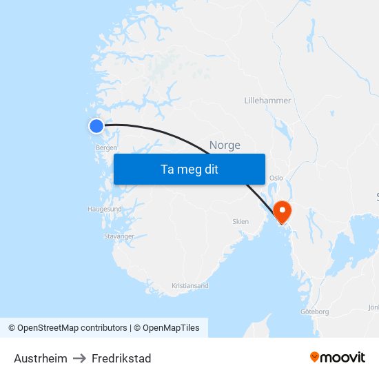 Austrheim to Fredrikstad map