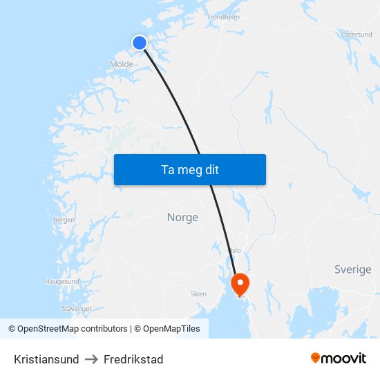 Kristiansund to Fredrikstad map