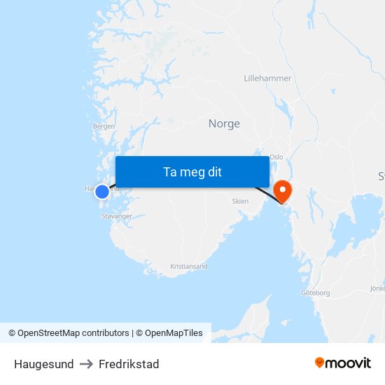 Haugesund to Fredrikstad map