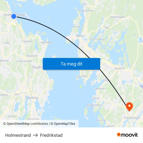 Holmestrand to Fredrikstad map