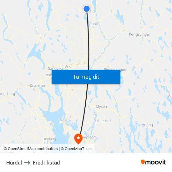 Hurdal to Fredrikstad map